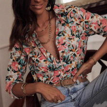 大码女装跨境外贸新款印花衬衫女文艺复古宽松百搭花边高级感开衫