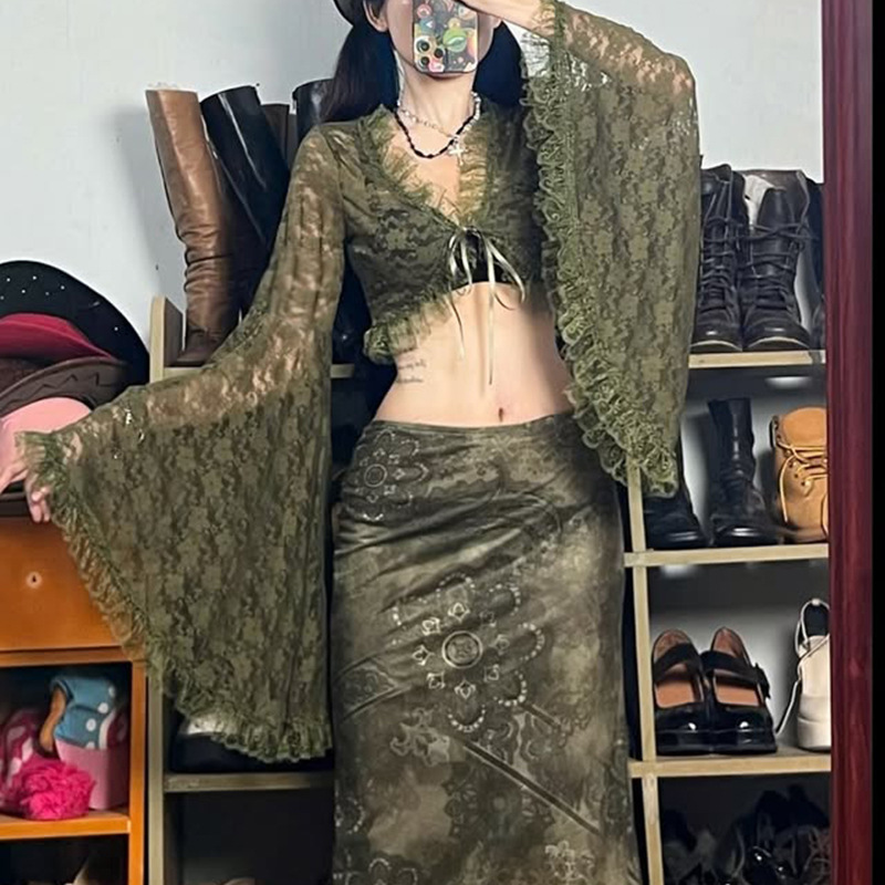 Niche Design Forest-Style Retro Large Bell Sleeves Lace-Up Sexy See-Through Crop Top Long-Sleeve Blouse 2025