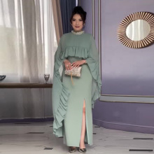 2025年新款欧美亚马逊跨境外贸女装荷叶边开叉披肩浅绿优雅裙套装