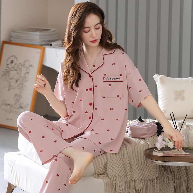 2022 nuevos pijamas de verano de las mujeres de manga corta pantalones de algodón Delgado cardigan desgaste del hogar dos piezas