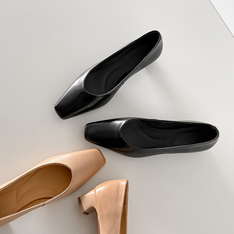 A Favorite among Commuters! Basic Square-Toe Soft-Surface Soft-Soled Mid-Heel Shallow-Cut Single Shoes for Office Work