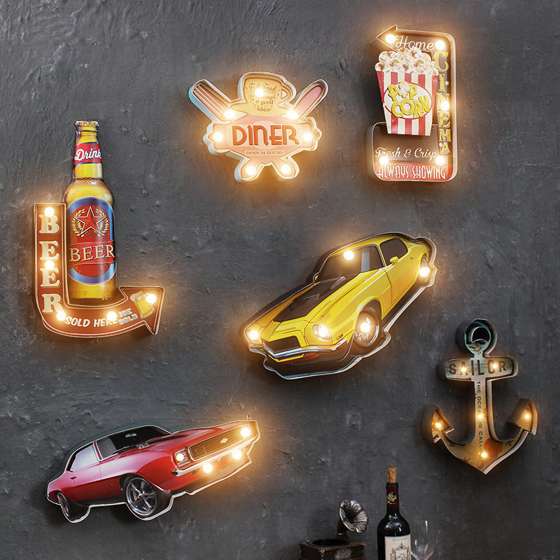 American Retro Iron Wall Decor for Cafes, LED Net Cafe Wall Hanging Ornament, Creative Decor