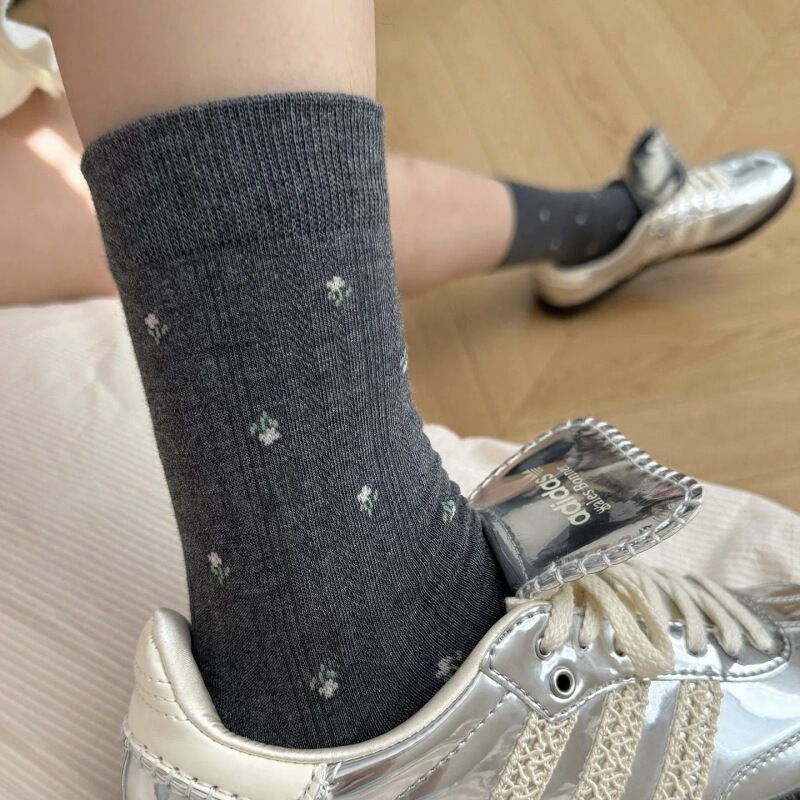 法式小碎花袜子女早秋复古中筒袜ins韩版花边无骨堆堆袜配德训鞋|undefined
