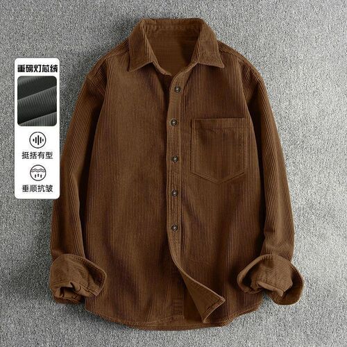 Men's corduroy American shirt spring and autumn loose top long-sleeved retro shirt outside wear large size coat lapel