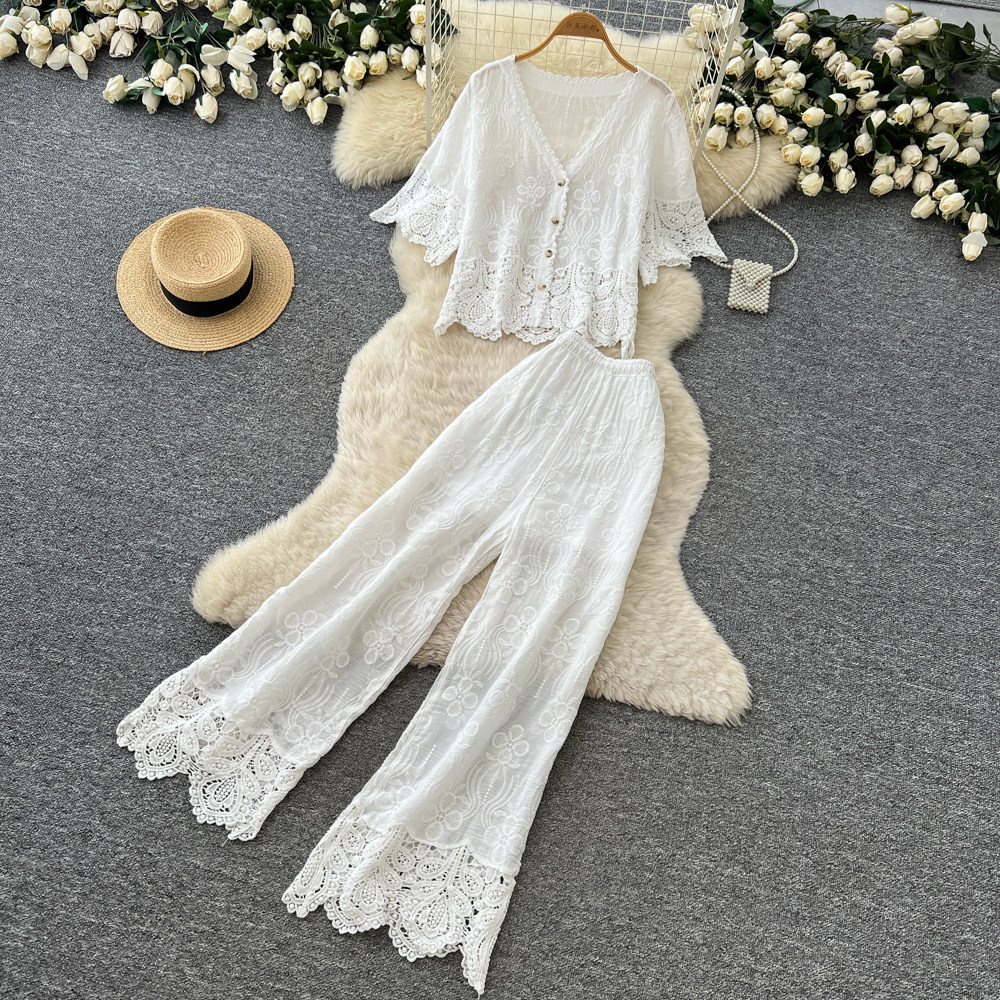Ensemble blouse en dentelle et short style français été_voghion.com