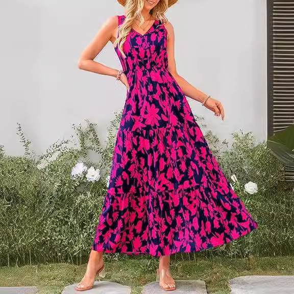 2025 European and American Export Cross-Border Women's Clothing Amazon Shein V Neck Elastic Waist Printed Casual Sleeveless Dress