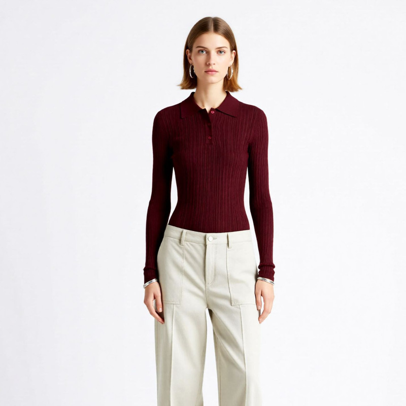 Autumn New Women's Elegant Polo Collar Knitwear Women's Long-Sleeved Slim Chao Thin 100% Merino Wool Knitwear