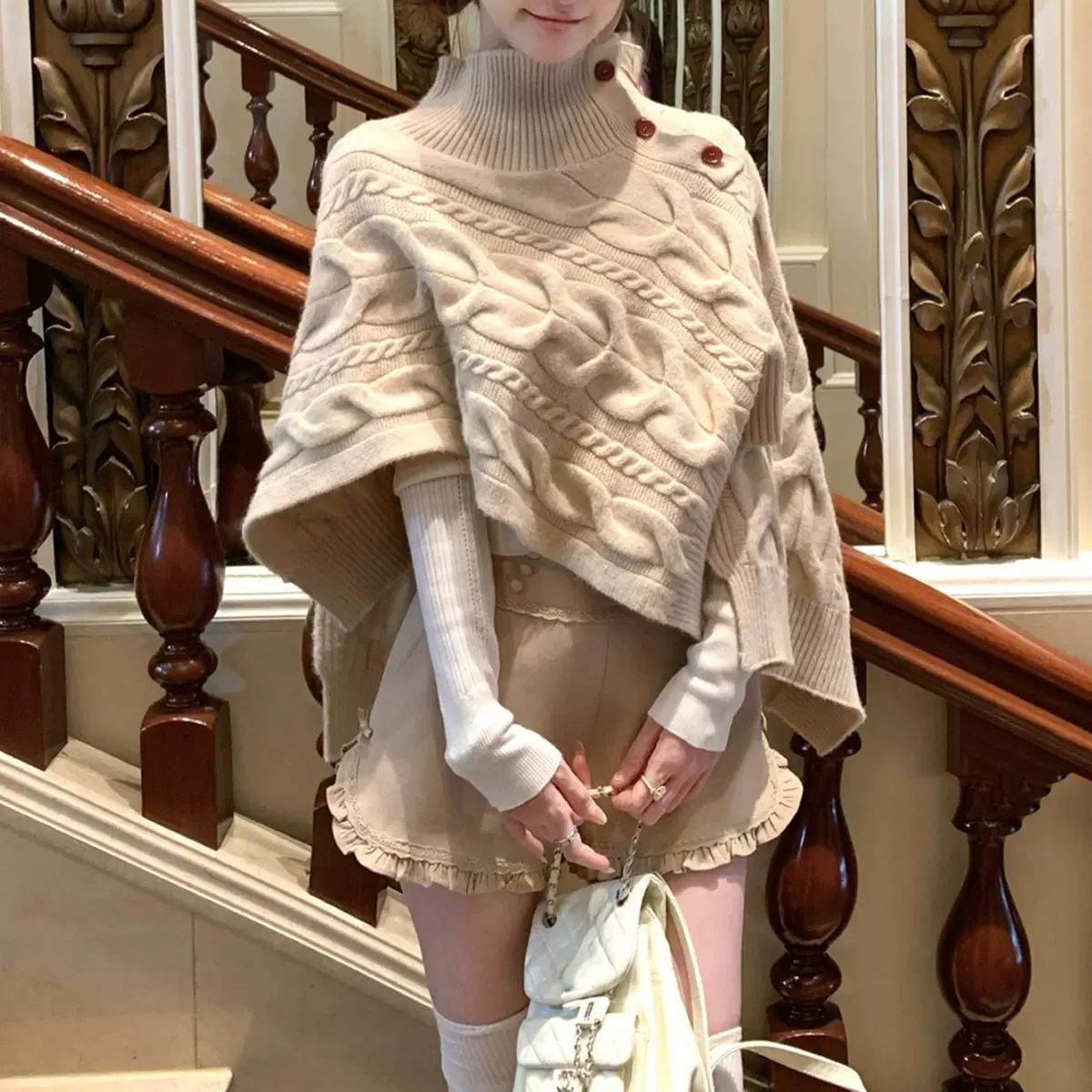 焦糖利口酒 高领麻花针织不规则斗篷秋季女装慵懒风毛衣裤子套装