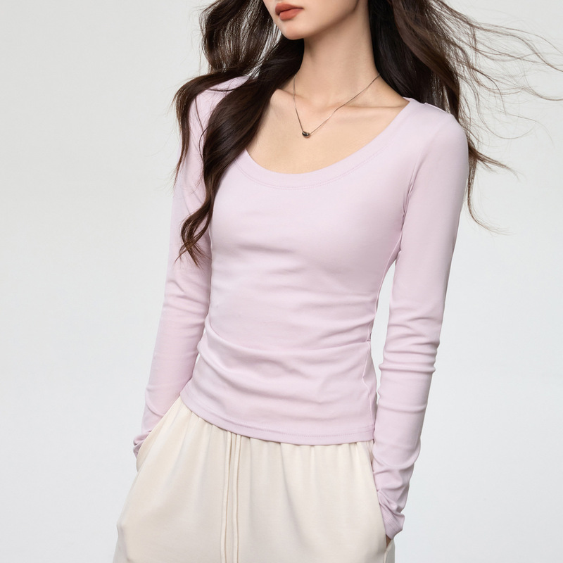 Combed Cotton Bottoming Shirt for Women, New Autumn Style, U-Neck Long-Sleeved T-Shirt, Slim Fit, Versatile, Simple Pure Color Inner Top