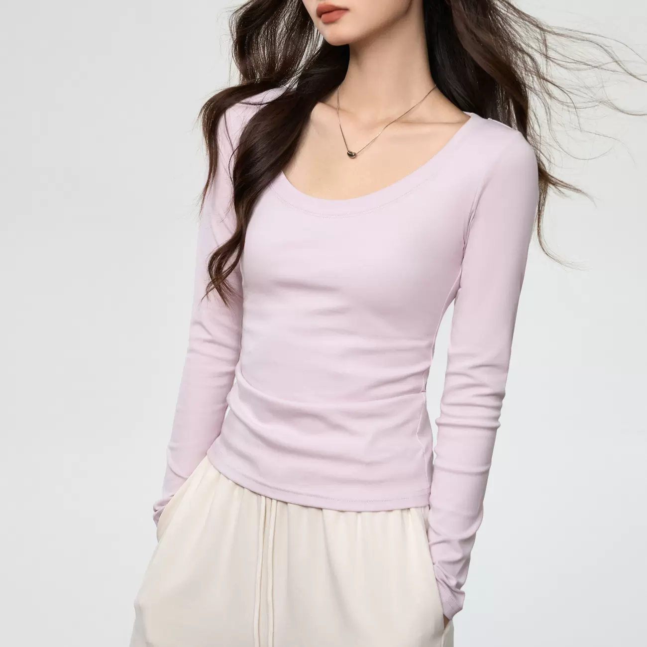 精梳纯棉打底衫女秋新款洋气U领长袖t恤修身百搭简约纯色内搭上衣