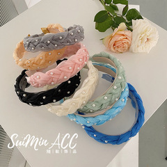 韓版潮新款網紗麻花辮子發箍釘珍珠寬邊發捆跨境歐美發窟髮飾女