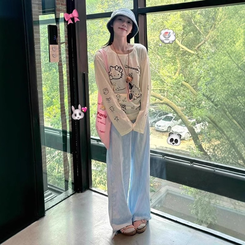 Cute kitty printed micro-transparent thin long sleeve T-shirt women's summer loose lazy wind sunscreen blouse top wholesale