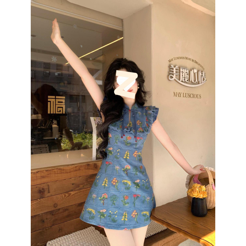 新中式国风碎花甜美旗袍连衣裙女夏季新款无袖收腰蝴蝶结吊带短裙