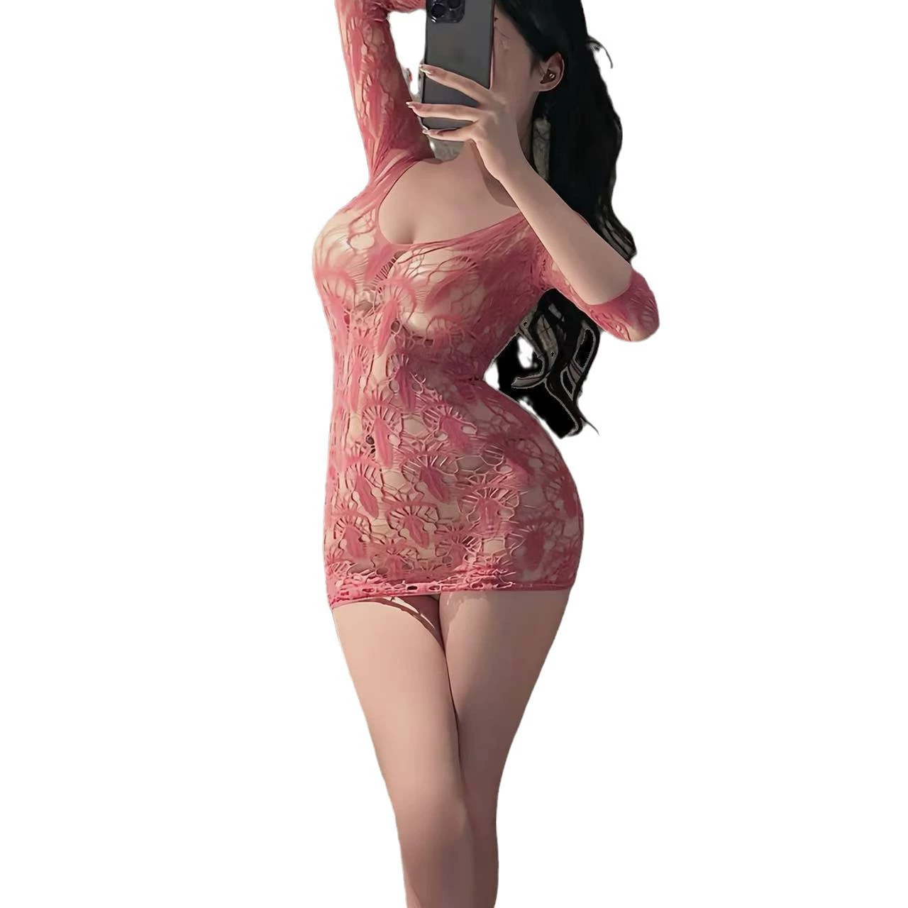 吸管少女 Mid-sleeve hollow mesh dress with hip-covering skirt, large open back, sexy see-through lingerie, one-piece fishnet stockings W140