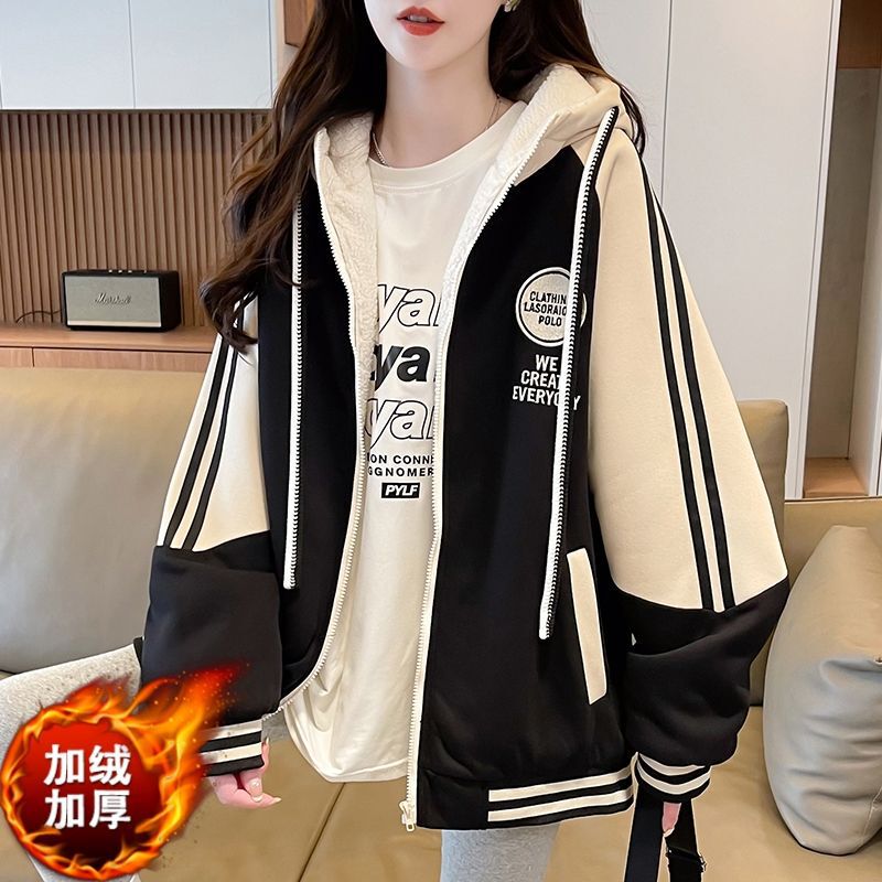 Casual Versatile Hooded Sweatshirt for Women, Lazy Style, Loose Fit, 2025 Autumn and Winter, Fleece-Lined, Thickened Baseball Jacket, Trendy