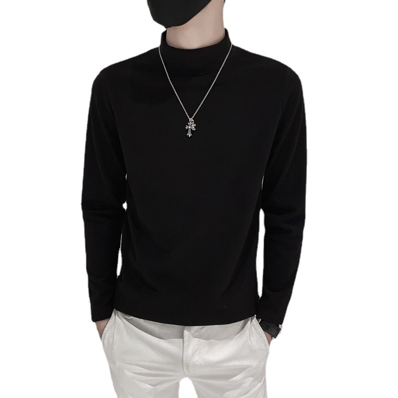 Luz viento maduro terciopelo medio cuello alto suéter hombres forrado de lana otoño e invierno marca de moda manga larga color sólido moda camisa de fondo camiseta