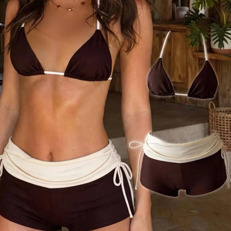 New Cross-Border Hot-Selling Color-Block Bikini Set with Halter Neck Triangle Top and Rolled-Edge Boxer Shorts for Women's Beach Vacation