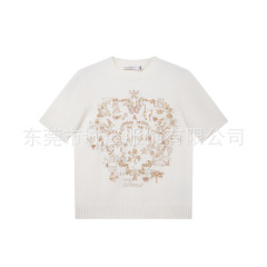 【D家クラシックカシミヤゴールドハート刺繍半袖】2025春夏新作刺繍入りホワイトニット