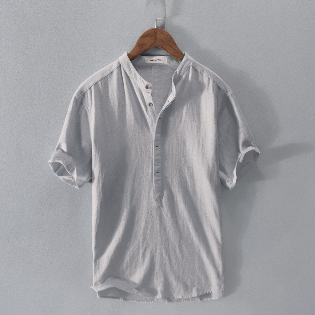 Breathable Linen Blend Short Sleeve Shirt For Men, Casual Summer Pullover Top With Comfort Fit_viptrois.com