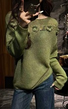 2025早秋新款圆领镂空手工钩花立体花朵羊毛针织衫宽松百搭长袖