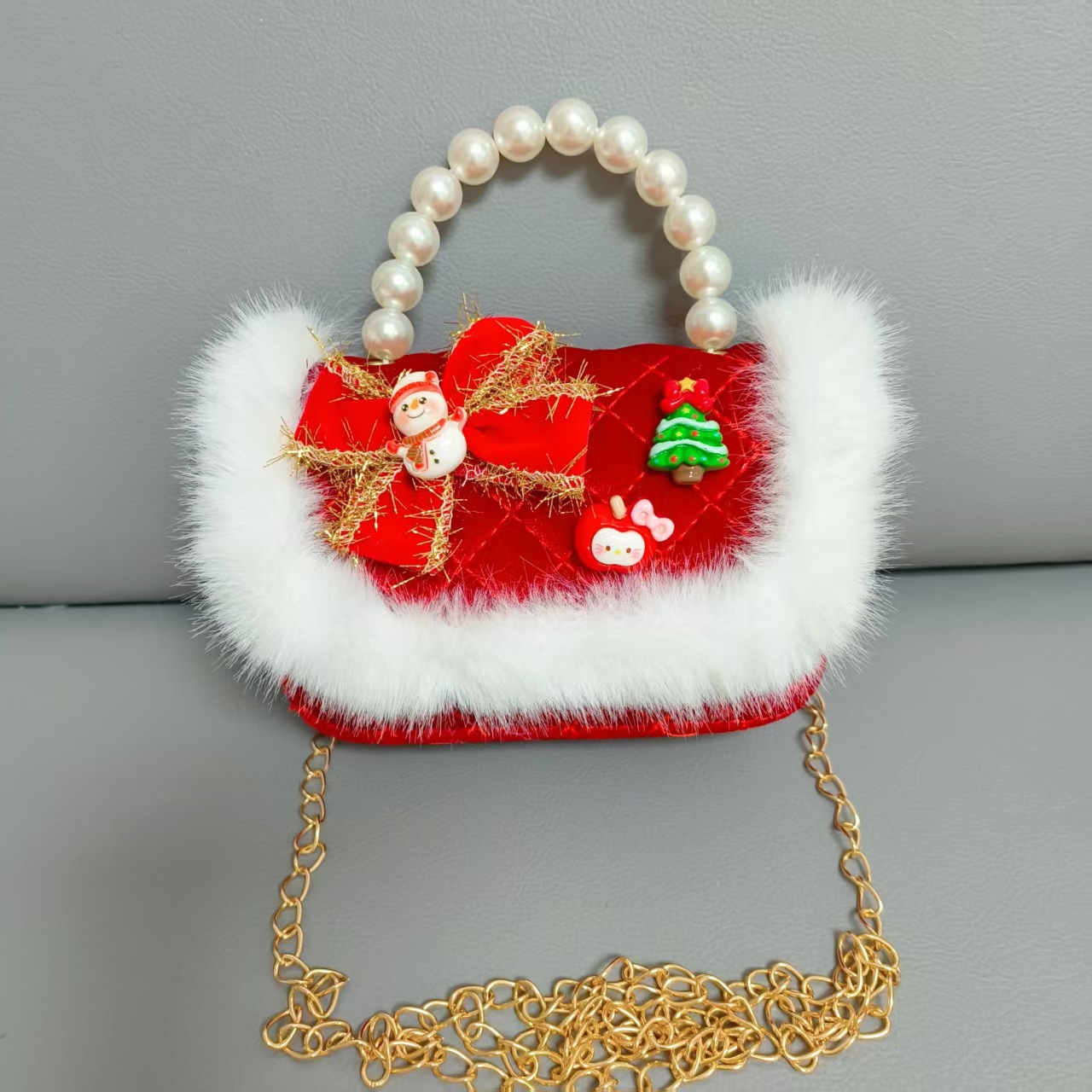 Gran bolso de perla de arco rojo, Santa Claus, bolso de Año Nuevo, cartera de Año Nuevo, hombro, pequeño viento fragante