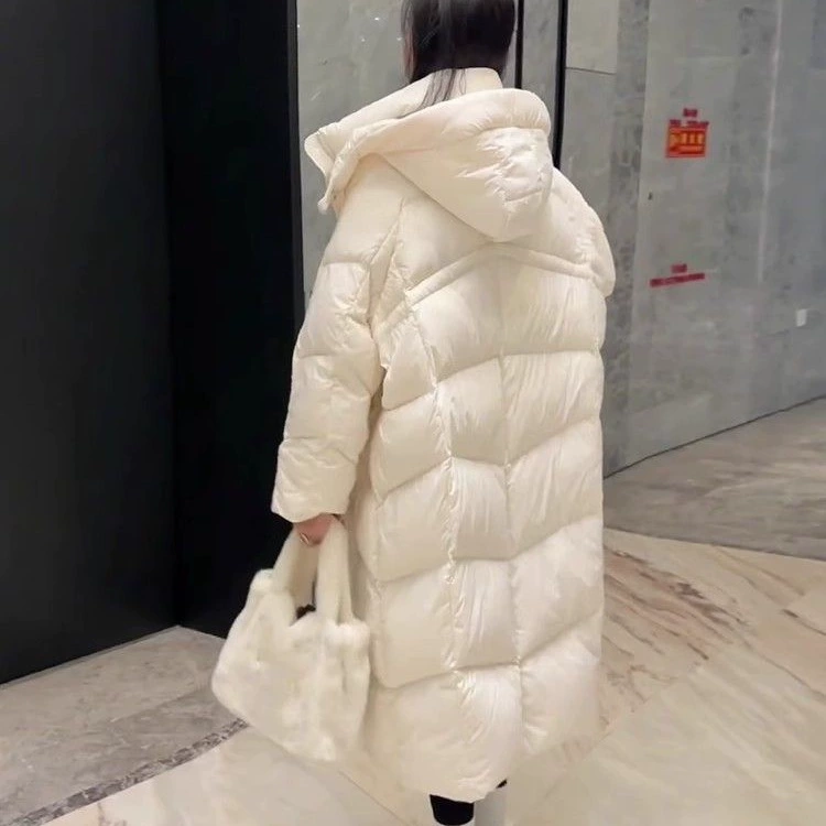 Long down jacket, Korean style, teen fit, hooded, off‑white or black