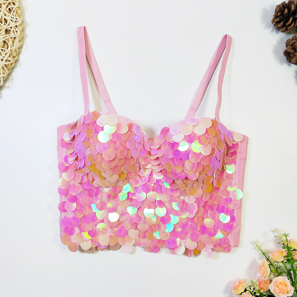 Amazon AliExpress corsé Fishbone sujetador desgaste exterior lentejuelas correa de cuentas coloridas escamas pescado envuelto chaleco pecho