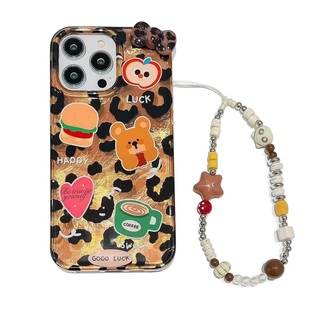 Cute cartoon leopardo hamburguesa oso para iphone15 estuche para teléfono móvil estéreo 16ProMax Apple 13 femenino 14