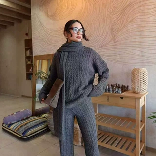 跨境欧美俄罗斯跨境秋季新款女装围巾保暖百搭披肩宽松毛衣裤套装