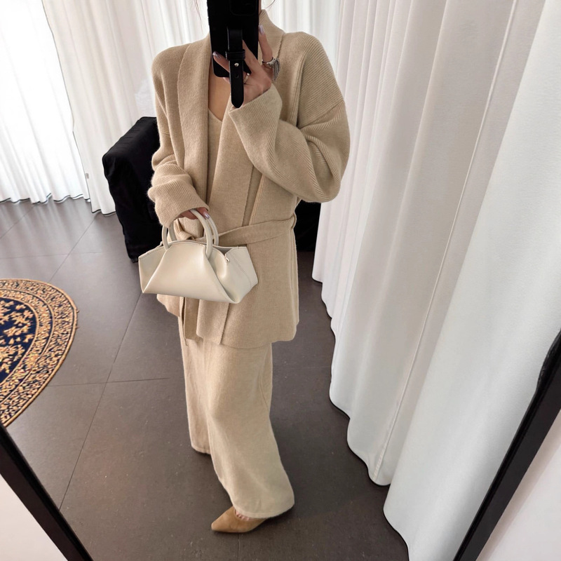 Cross-Border Autumn New Knitted Cardigan Suit European Women's Loose Large Size High-End Suspender Skirt Sweater Jacket