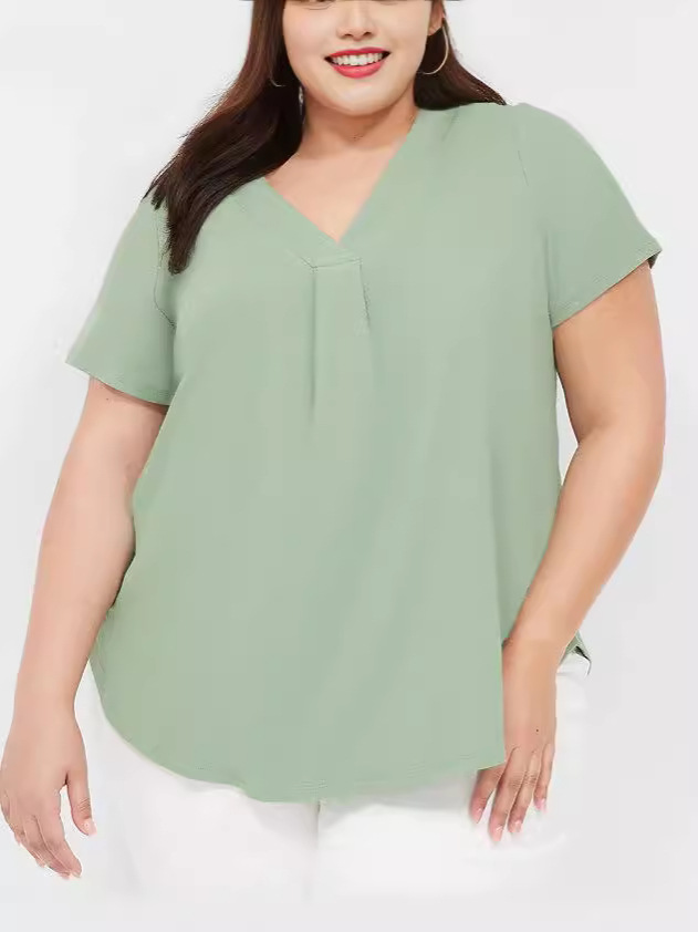 Transfronterizo Amazon nueva ropa de mujer de tamaño grande cuello en V cuello de pecho descuento manga corta