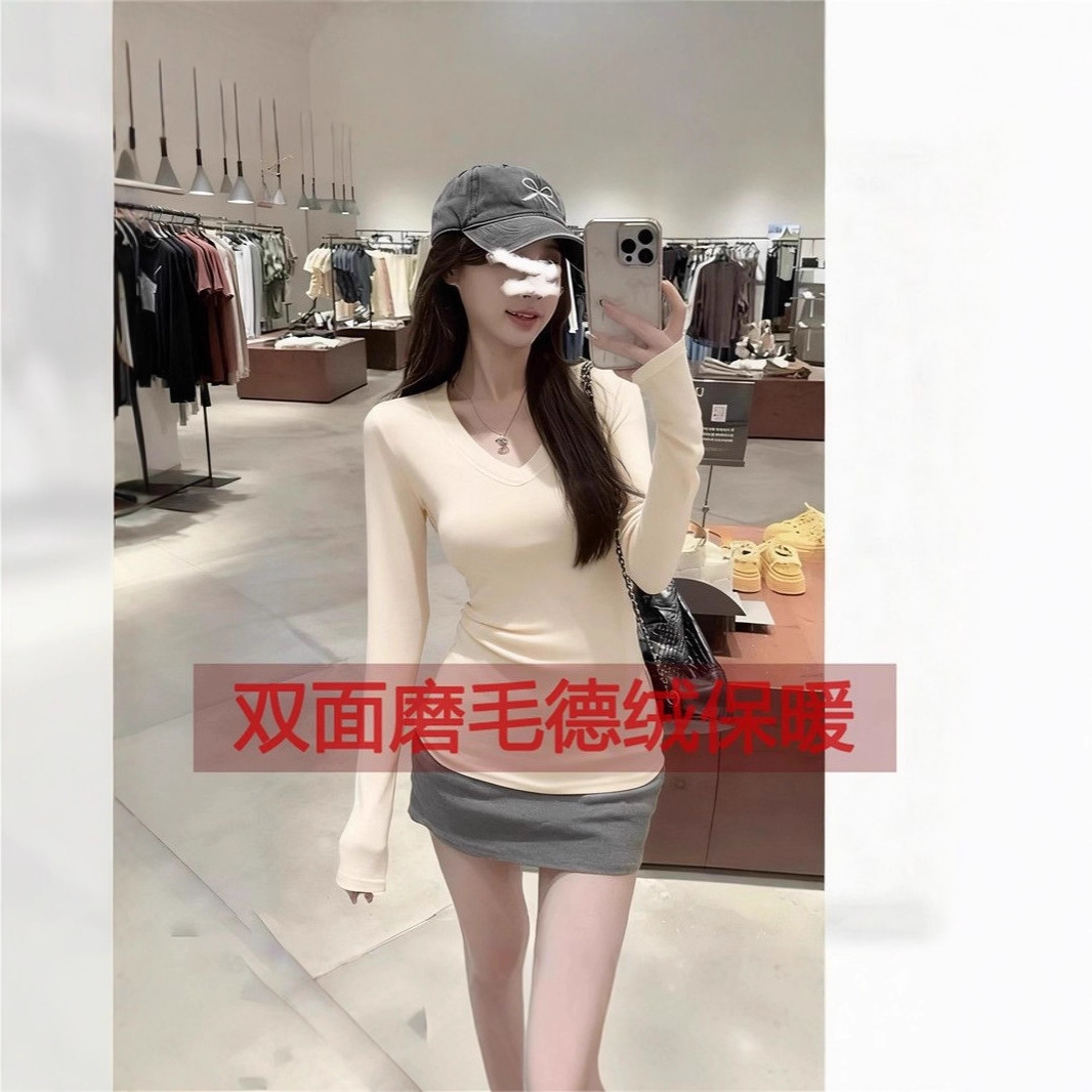 Korean-Style Simple Slim-Fit Long-Sleeve V-Neck Base Layer T-Shirt Thin Top for Commuting, Sweet Ins Style