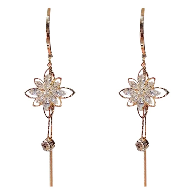2021 nueva moda Corea del Sur elegante circón flor larga borla pendientes cara femenina adelgazamiento s925 pendientes de aguja de plata femenina