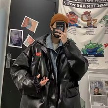 时尚潮流流行新款简约文艺慵懒假两件皮棉衣拼接原版PU皮气质