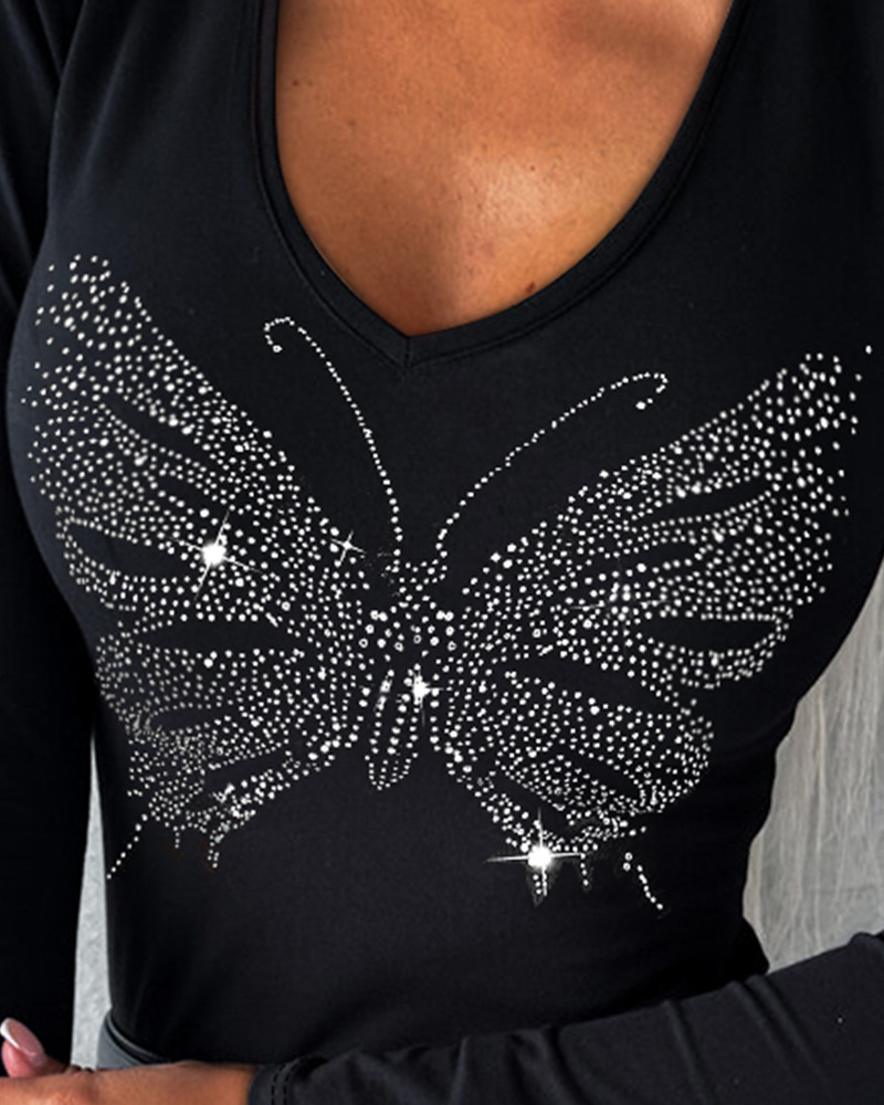 Mujeres Playeras Manga Larga Camisetas Diamante Casual Elegante Mariposa display picture 2