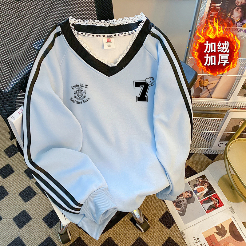 Special Offer【Real Shot of Chinese Cotton Velvet】Extra Large Size 150kg Winter Fleece-Lined Thickened Lace Patchwork Sweatshirt