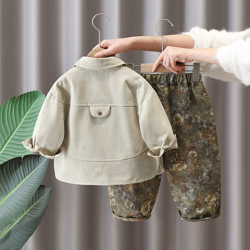 7651 traje de camisa para niños primavera y otoño ropa occidental 2025 nuevos pantalones coreanos de primavera para niños de dos piezas