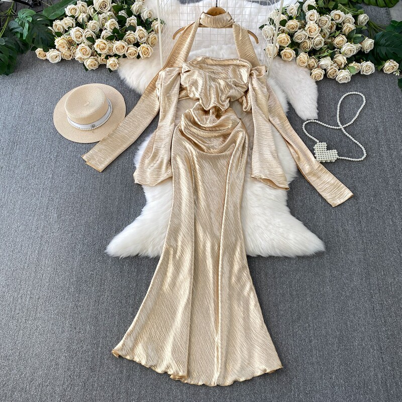 Carefully Selected French-Style High-End Mermaid Satin Halter Dress with Chest Pads, Ribbon Waist-Cinching, Slimming Gown Carefully Selected French-Style High-End Mermaid Satin Halter Dress with Chest Pads, Ribbon Waist-Cinching, Slimming Gown