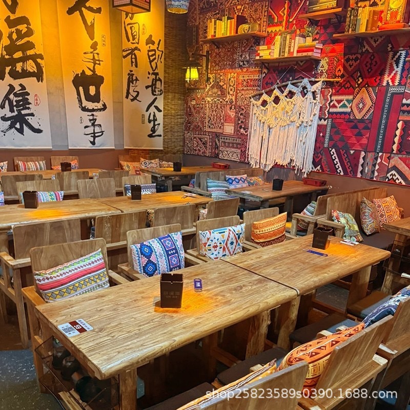 民谣集老榆木桌椅组合酒馆餐桌椅咖啡店烧烤店桌椅实木桌椅|undefined