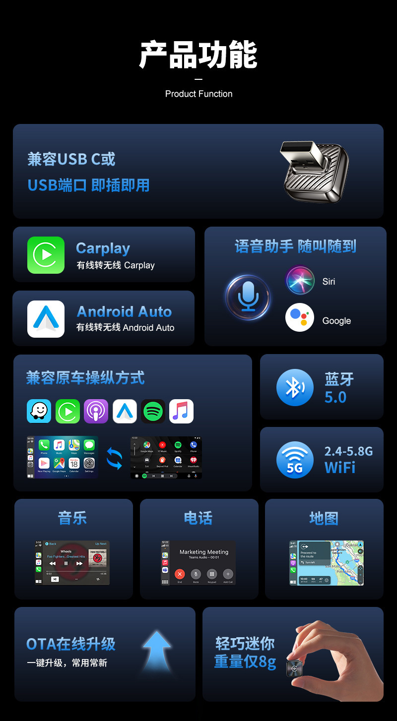 Cross-Border Wireless Carplay Box Smart Car-Machine Connectivity Module 2-in-1 Android Autocarplay Box