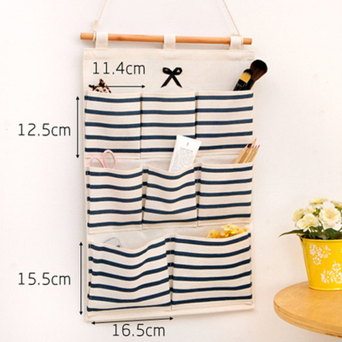 Factory Direct Sale Striped Six-Bag Eight-Bag Bowknot Storage Bag Kitchen Bathroom Wall-Mounted Cotton Linen Hanging Bag