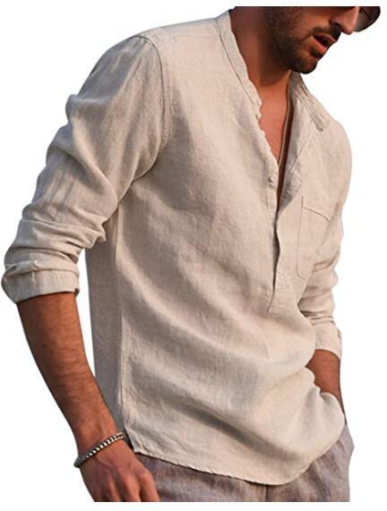 Herren Casual Hemd Mit V-ausschnitt Aus Baumwolle Und Leinen_voghion.com