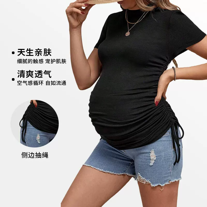 欧美跨境夏季时尚性感气质螺纹短款抽绳绑带圆领短袖T恤孕妇上衣