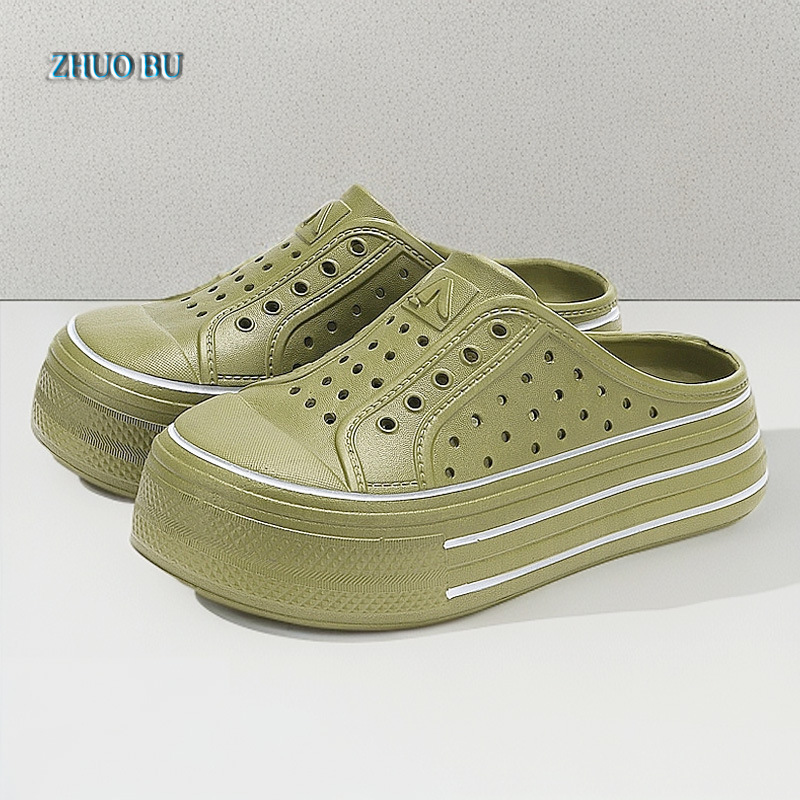 Army Green Thick Sole Hole Shoes Women's Summer Half Slippers High-height Shoes EVA Vintage Fashion Sandals and Slippers Students Women's Slippers