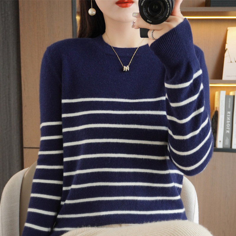 Korean Style Pullover Long Sleeve Autumn and Winter Knitted 2024 Stripe Base Contrast Color Top Loose Sweater Women's Round Neck New Arrival