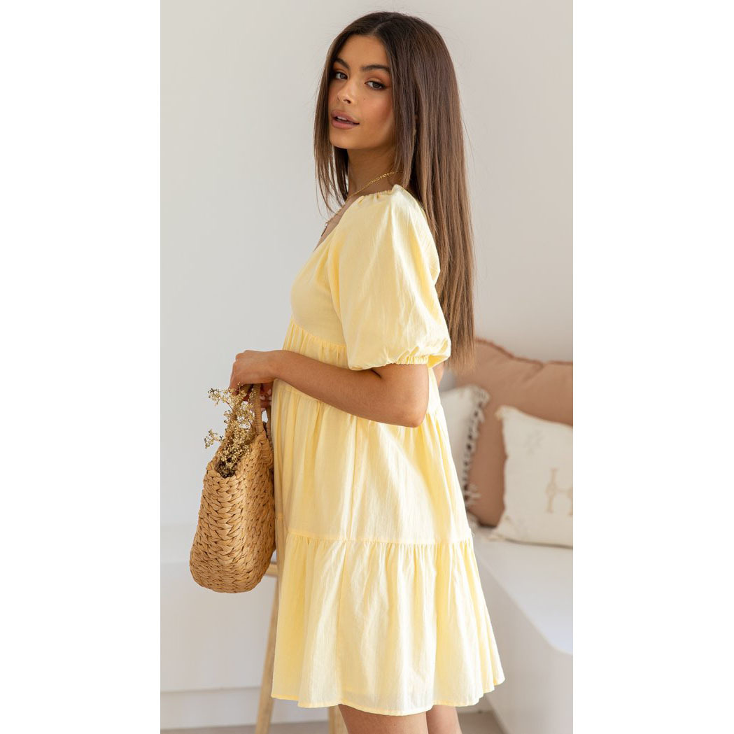Women Clothing Spring Summer New V-neck Puff Sleeve Mini Casual Dress