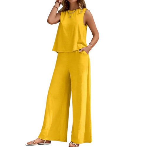 Elegant two-piece set for women: round-neck top and wide-leg pants, a hit in Europe and America