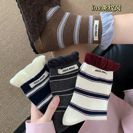 条纹袜子女撞色无骨双罗口字母花边中筒袜棉质吸汗透气ins堆堆袜