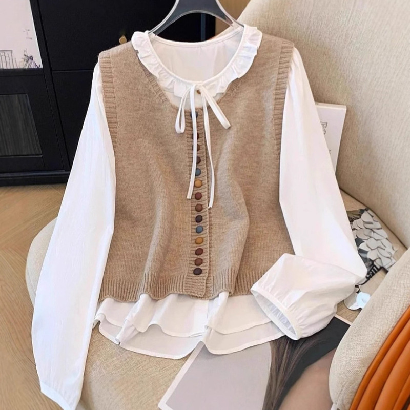 White Shirt with Fake Two-Piece Design, Korean Retro Style, Rainbow Button Knit Vest, Patchwork Shirt for Women, Autumn Top 7722