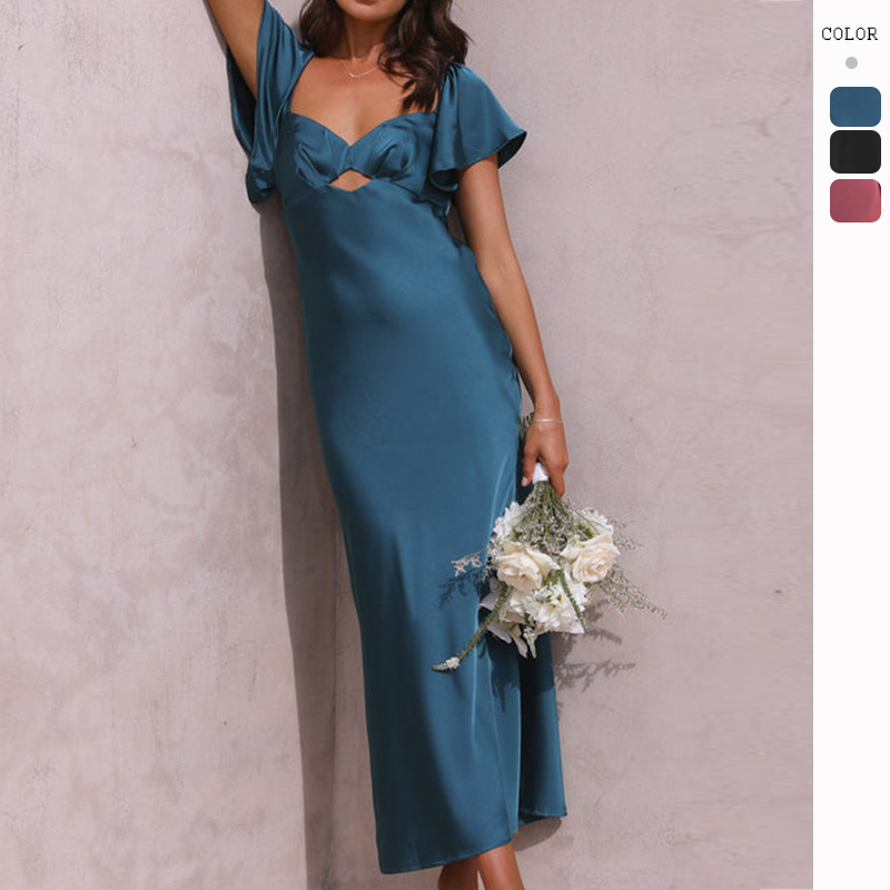 2023 New Cross-border European and American Women's Elegant Solid Color Peach Collar Short-sleeved Slim-fit Long dress Women